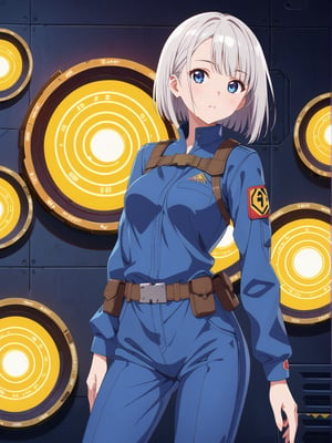 One woman with short grey hair styled in a practical bob cut, clear blue eyes sparkling with curiosity, and healthy, sun-kissed skin from outdoor work stands confidently. She has an athletic build and wears a durable navy blue jumpsuit with multiple pockets, complemented by steel-toed boots for safety. A utility belt with various tools is strapped around her waist, and protective goggles rest on her head. The area is filled with a futuristic, high-tech ambiance, featuring sleek monitors, control panels, and advanced security systems. Large windows display views of docked spacecraft and the vastness of space. The atmosphere is tense yet hopeful, with security personnel and officials ensuring the smooth operation of the process. The scene includes an immigration checkpoint, capturing the anticipation and excitement of embarking on a journey to the New Eden Colony. She is holding two flight tickets