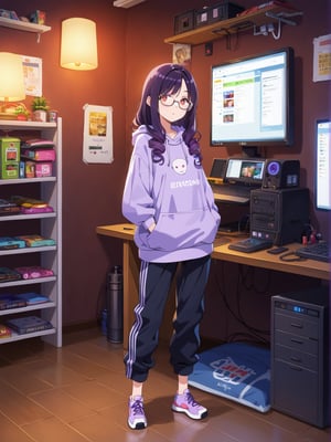 Long hair, perm curly purple hair, large glasses, often seen focused and thoughtful. Casual attire, such as a comfortable hoodie, often paired with sneakers, often slightly messy. Sharp, alert eyes. Pale complexion from long hours indoors. Favors oversized hoodies in dark colors with tech-related designs or slogans. Wears comfortable cargo pants with many pockets. Always has multiple devices like smartwatches or AR glasses. A dimly lit room cluttered with computer monitors, servers, and digital interfaces. Various gadgets and coding books are scattered around. The room has a purple and blue futuristic ambiance. ((sneakers))) ((wide-leg trousers))) (((upper body)))