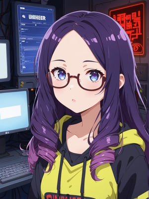 Long hair, perm curly purple hair, large glasses, often seen focused and thoughtful. Casual attire, such as a comfortable hoodie, often paired with sneakers, often slightly messy. Sharp, alert eyes. Pale complexion from long hours indoors. Favors oversized hoodies in dark colors with tech-related designs or slogans. Wears comfortable cargo pants with many pockets. Always has multiple devices like smartwatches or AR glasses. A dimly lit room cluttered with computer monitors, servers, and digital interfaces. Various gadgets and coding books are scattered around. The room has a purple and blue futuristic ambiance.(((upper body)))
