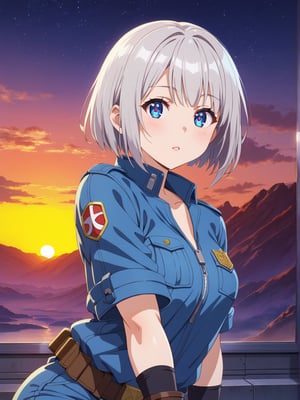  Short grey hair with a practical bob cut, Clear blue eyes that sparkle with curiosity, Healthy, sun-kissed skin from outdoor work. Athletic build, Wears a durable navy blue jumpsuit with multiple pockets, Steel-toed boots for safety, Often has a utility belt with various tools, Sometimes wears protective goggles on her head, The area is filled with a futuristic, high-tech ambiance, featuring sleek monitors, control panels, and advanced security systems. Large windows display views of docked spacecraft and the vastness of space. The atmosphere is tense yet hopeful, with security personnel and officials ensuring the smooth operation of the process. The scene captures the anticipation and excitement of embarking on a journey to the New Eden Colony

one woman