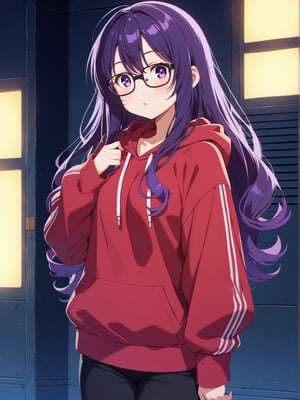 Long hair, purple eye, perm curly purple hair, large glasses, often seen focused and thoughtful. Casual attire, such as a comfortable hoodie, often paired with sneakers, often slightly messy. Sharp, alert eyes. Pale complexion from long hours indoors. Favors oversized hoodies in dark colors with tech-related designs or slogans. Wears comfortable cargo pants with many pockets. Always has multiple devices like smartwatches or AR glasses. A woman checking data security systems in a space station control center