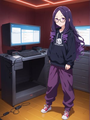 Long hair, perm curly purple hair, large glasses, often seen focused and thoughtful. Casual attire, such as a comfortable hoodie, often paired with sneakers, often slightly messy. Sharp, alert eyes. Pale complexion from long hours indoors. Favors oversized hoodies in dark colors with tech-related designs or slogans. Wears comfortable cargo pants with many pockets. Always has multiple devices like smartwatches or AR glasses. A dimly lit room cluttered with computer monitors, servers, and digital interfaces. Various gadgets and coding books are scattered around. The room has a purple and blue futuristic ambiance.