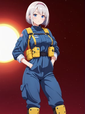 Short grey hair with a practical bob cut, Clear blue eyes that sparkle with curiosity, Healthy, sun-kissed skin from outdoor work. Athletic build, Wears a durable navy blue jumpsuit with multiple pockets, Steel-toed boots for safety, Often has a utility belt with various tools, Sometimes wears protective goggles on her head,A woman inside a space environment simulation chamber in a DCT center