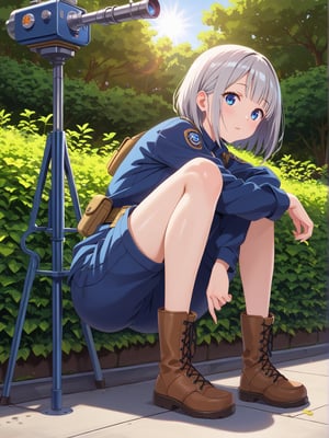 Short grey hair with a practical bob cut, Clear blue eyes that sparkle with curiosity, Healthy, sun-kissed skin from outdoor work. Athletic build, Wears a durable navy blue jumpsuit with multiple pockets, Steel-toed boots for safety, Often has a utility belt with various tools, Sometimes wears protective goggles on her head, A woman stargazing through a telescope on a rooftop garden at night