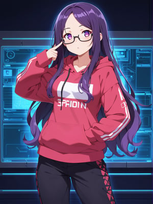 Long hair, purple eye, perm curly purple hair, large glasses, often seen focused and thoughtful. Casual attire, such as a comfortable hoodie, often paired with sneakers, often slightly messy. Sharp, alert eyes. Pale complexion from long hours indoors. Favors oversized hoodies in dark colors with tech-related designs or slogans. Wears comfortable cargo pants with many pockets. Always has multiple devices like smartwatches or AR glasses. A woman programming AI ethics guidelines in a DCT center with holographic interfaces