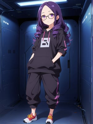 Long hair, purple eye, perm curly purple hair, large glasses, often seen focused and thoughtful. Casual attire, such as a comfortable hoodie, often paired with sneakers, often slightly messy. Sharp, alert eyes. Pale complexion from long hours indoors. Favors oversized hoodies in dark colors with tech-related designs or slogans. Wears comfortable cargo pants with many pockets. Always has multiple devices like smartwatches or AR glasses. A female engineer implementing AI maintenance systems in a spacecraft hangar