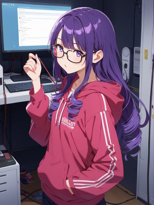 Long hair, perm curly purple hair, large glasses, often seen focused and thoughtful. Casual attire, such as a comfortable hoodie, often paired with sneakers, often slightly messy. Sharp, alert eyes. Pale complexion from long hours indoors. Favors oversized hoodies in dark colors with tech-related designs or slogans. Wears comfortable cargo pants with many pockets. Always has multiple devices like smartwatches or AR glasses. A dimly lit room cluttered with computer monitors, servers, and digital interfaces. Various gadgets and coding books are scattered around. The room has a purple and blue futuristic ambiance.(((upper body)))