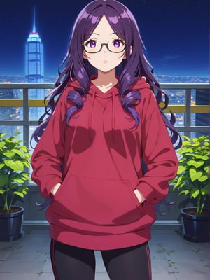 Long hair, purple eye, perm curly purple hair, large glasses, often seen focused and thoughtful. Casual attire, such as a comfortable hoodie, often paired with sneakers, often slightly messy. Sharp, alert eyes. Pale complexion from long hours indoors. Favors oversized hoodies in dark colors with tech-related designs or slogans. Wears comfortable cargo pants with many pockets. Always has multiple devices like smartwatches or AR glasses. A woman programming a drone on a rooftop garden with a cityscape background
