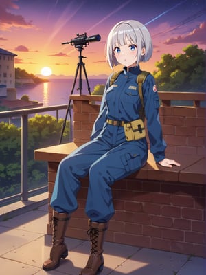 Short grey hair with a practical bob cut, Clear blue eyes that sparkle with curiosity, Healthy, sun-kissed skin from outdoor work. Athletic build, Wears a durable navy blue jumpsuit with multiple pockets, Steel-toed boots for safety, Often has a utility belt with various tools, Sometimes wears protective goggles on her head, A woman stargazing through a telescope on a rooftop garden at night