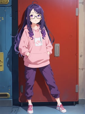 Long hair, purple eye, perm curly purple hair, large glasses, often seen focused and thoughtful. Casual attire, such as a comfortable hoodie, often paired with sneakers, often slightly messy. Sharp, alert eyes. Pale complexion from long hours indoors. Favors oversized hoodies in dark colors with tech-related designs or slogans. Wears comfortable cargo pants with many pockets. Always has multiple devices like smartwatches or AR glasses. A woman conducting quantum computing experiments in a futuristic tech den