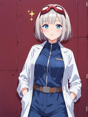 Short grey hair with a practical bob cut, Clear blue eyes that sparkle with curiosity, Healthy, sun-kissed skin from outdoor work. Athletic build, Wears a durable navy blue jumpsuit with multiple pockets, Steel-toed boots for safety, Often has a utility belt with various tools, Sometimes wears protective goggles on her head, A woman in a lab coat examining space technology applications in a DCT center