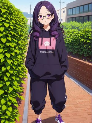 Long hair, purple eye, perm curly purple hair, large glasses, often seen focused and thoughtful. Casual attire, such as a comfortable hoodie, often paired with sneakers, often slightly messy. Sharp, alert eyes. Pale complexion from long hours indoors. Favors oversized hoodies in dark colors with tech-related designs or slogans. Wears comfortable cargo pants with many pockets. Always has multiple devices like smartwatches or AR glasses. A woman installing an environmental monitoring system on a rooftop garden