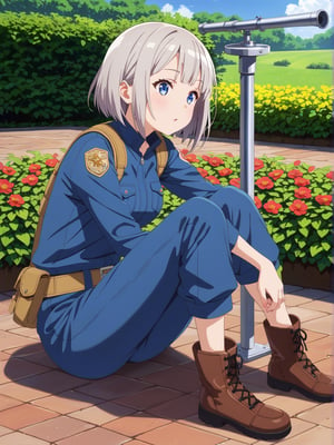 Short grey hair with a practical bob cut, Clear blue eyes that sparkle with curiosity, Healthy, sun-kissed skin from outdoor work. Athletic build, Wears a durable navy blue jumpsuit with multiple pockets, Steel-toed boots for safety, Often has a utility belt with various tools, Sometimes wears protective goggles on her head, A woman stargazing through a telescope on a rooftop garden at night