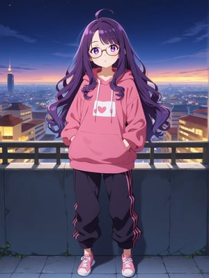 Long hair, purple eye, perm curly purple hair, large glasses, often seen focused and thoughtful. Casual attire, such as a comfortable hoodie, often paired with sneakers, often slightly messy. Sharp, alert eyes. Pale complexion from long hours indoors. Favors oversized hoodies in dark colors with tech-related designs or slogans. Wears comfortable cargo pants with many pockets. Always has multiple devices like smartwatches or AR glasses. A woman programming a drone on a rooftop garden with a cityscape background