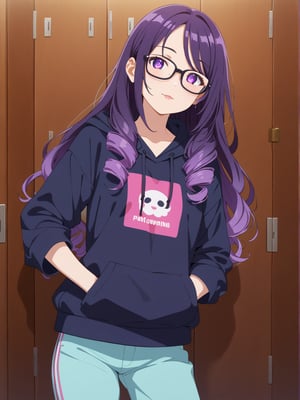Long hair, purple eye, perm curly purple hair, large glasses, often seen focused and thoughtful. Casual attire, such as a comfortable hoodie, often paired with sneakers, often slightly messy. Sharp, alert eyes. Pale complexion from long hours indoors. Favors oversized hoodies in dark colors with tech-related designs or slogans. Wears comfortable cargo pants with many pockets. Always has multiple devices like smartwatches or AR glasses. A woman with glasses programming AI ethics algorithms in a cluttered tech den