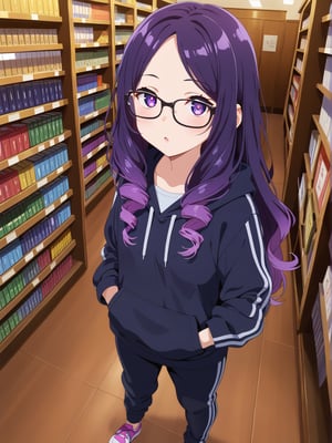 Long hair, purple eye, perm curly purple hair, large glasses, often seen focused and thoughtful. Casual attire, such as a comfortable hoodie, often paired with sneakers, often slightly messy. Sharp, alert eyes. Pale complexion from long hours indoors. Favors oversized hoodies in dark colors with tech-related designs or slogans. Wears comfortable cargo pants with many pockets. Always has multiple devices like smartwatches or AR glasses. A woman presenting an open-source project in a public library auditorium