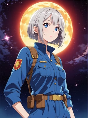 Short grey hair with a practical bob cut, Clear blue eyes that sparkle with curiosity, Healthy, sun-kissed skin from outdoor work. Athletic build, Wears a durable navy blue jumpsuit with multiple pockets, Steel-toed boots for safety, Often has a utility belt with various tools, Sometimes wears protective goggles on her head, (((upper body)))