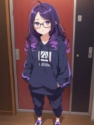 Long hair, purple eye, perm curly purple hair, large glasses, often seen focused and thoughtful. Casual attire, such as a comfortable hoodie, often paired with sneakers, often slightly messy. Sharp, alert eyes. Pale complexion from long hours indoors. Favors oversized hoodies in dark colors with tech-related designs or slogans. Wears comfortable cargo pants with many pockets. Always has multiple devices like smartwatches or AR glasses. A woman improving data analysis systems in a tech den filled with servers and screens