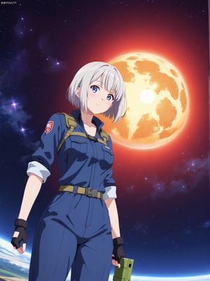 Short grey hair with a practical bob cut, Clear blue eyes that sparkle with curiosity, Healthy, sun-kissed skin from outdoor work. Athletic build, Wears a durable navy blue jumpsuit with multiple pockets, Steel-toed boots for safety, Often has a utility belt with various tools, Sometimes wears protective goggles on her head, A woman in a lab coat examining space technology applications in a DCT center