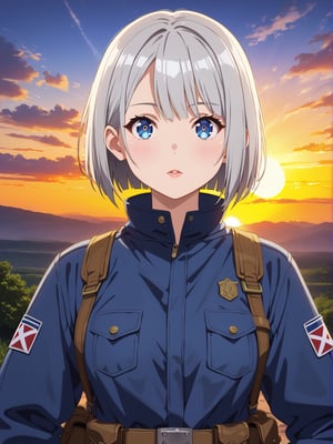 Short grey hair with a practical bob cut, Clear blue eyes that sparkle with curiosity, Healthy, sun-kissed skin from outdoor work. Athletic build, Wears a durable navy blue jumpsuit with multiple pockets, Steel-toed boots for safety, Often has a utility belt with various tools, Sometimes wears protective goggles on her head, (((upper body)))