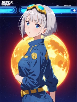  Short grey hair with a practical bob cut, Clear blue eyes that sparkle with curiosity, Healthy, sun-kissed skin from outdoor work. Athletic build, Wears a durable navy blue jumpsuit with multiple pockets, Steel-toed boots for safety, Often has a utility belt with various tools, Sometimes wears protective goggles on her head, The area is filled with a futuristic, high-tech ambiance, featuring sleek monitors, control panels, and advanced security systems. Large windows display views of docked spacecraft and the vastness of space. The atmosphere is tense yet hopeful, with security personnel and officials ensuring the smooth operation of the process. The scene captures the anticipation and excitement of embarking on a journey to the New Eden Colony

one woman