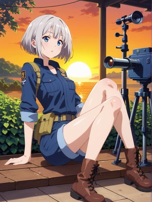 Short grey hair with a practical bob cut, Clear blue eyes that sparkle with curiosity, Healthy, sun-kissed skin from outdoor work. Athletic build, Wears a durable navy blue jumpsuit with multiple pockets, Steel-toed boots for safety, Often has a utility belt with various tools, Sometimes wears protective goggles on her head, A woman stargazing through a telescope on a rooftop garden at night