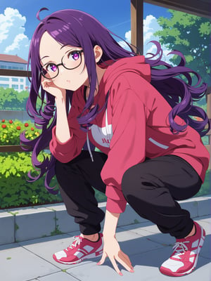 Long hair, purple eye, perm curly purple hair, large glasses, often seen focused and thoughtful. Casual attire, such as a comfortable hoodie, often paired with sneakers, often slightly messy. Sharp, alert eyes. Pale complexion from long hours indoors. Favors oversized hoodies in dark colors with tech-related designs or slogans. Wears comfortable cargo pants with many pockets. Always has multiple devices like smartwatches or AR glasses. A woman hosting an AI ethics debate on a rooftop garden with tech installations