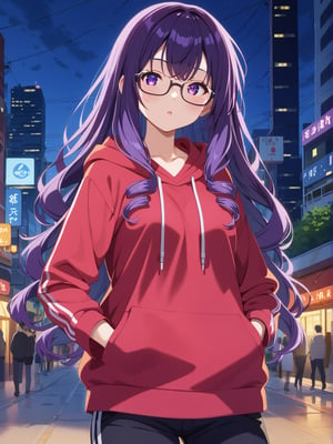 Long hair, purple eye, perm curly purple hair, large glasses, often seen focused and thoughtful. Casual attire, such as a comfortable hoodie, often paired with sneakers, often slightly messy. Sharp, alert eyes. Pale complexion from long hours indoors. Favors oversized hoodies in dark colors with tech-related designs or slogans. Wears comfortable cargo pants with many pockets. Always has multiple devices like smartwatches or AR glasses. A woman giving a public hacking demonstration in a city square with large digital displays