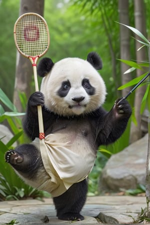 animal, no_human, panda, cute and adorable, happy and beautiful, cute detailed illustration expressing joy, wearing a Chinese Kung Fu costume, (Kung Fu costume), right hand is holding a badminton racket, badminton on racket face,  dynamic poses, bamboo forest background, fully dressed, tiny, cute scene, stunning, tiny detail, fluffy, 3D cartoon, Disney Pixar style.