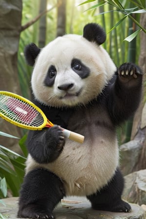 animal, no_human, panda, cute and adorable, happy and beautiful, cute detailed illustration expressing joy, wearing a Chinese Kung Fu costume, (Kung Fu costume), right hand is holding a badminton racket, dynamic poses, bamboo forest background, fully dressed, tiny, cute scene, stunning, tiny detail, fluffy, 3D cartoon, Disney Pixar style.