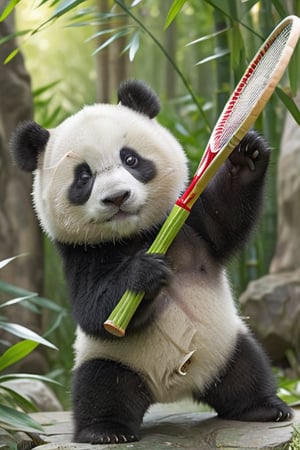 animal, no_human, panda, cute and adorable, happy and beautiful, cute detailed illustration expressing joy, wearing a Chinese Kung Fu costume, (Kung Fu costume), right hand is holding a badminton racket, dynamic poses, bamboo forest background, fully dressed, tiny, cute scene, stunning, tiny detail, fluffy, 3D cartoon, Disney Pixar style.