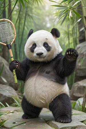 animal, no_human, panda, cute and adorable, happy and beautiful, cute detailed illustration expressing joy, wearing a Chinese Kung Fu costume, (Kung Fu costume), right hand is holding a badminton racket, dynamic poses, bamboo forest background, fully dressed, tiny, cute scene, stunning, tiny detail, fluffy, 3D cartoon, Disney Pixar style.