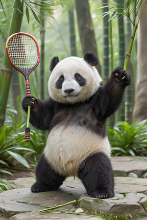 animal, no_human, panda, cute and adorable, happy and beautiful, cute detailed illustration expressing joy, wearing a Chinese Kung Fu costume, (Kung Fu costume), right hand is holding a badminton racket, badminton on racket face,  dynamic poses, bamboo forest background, fully dressed, tiny, cute scene, stunning, tiny detail, fluffy, 3D cartoon, Disney Pixar style.