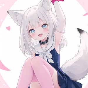 (best quality)), ((masterpiece)) , ((ultra-detailed)), (illustration), 1girl, solo, loli, fox girl, fox ears, fox tail, dramatic lighting, dress, elbow gloves, tighhighs, collar, armpits, feet, peace sign, happy, smile, open mouth, fang, tongue, close up,