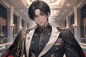 1 man, solo, ((black short hair)), (((dark skin:1.5))), (((center-parting bangs:1.5))), black eyes, mature, ((thin:1.5)), (((slim figure:1.5))), (((narrow shoulders:1.5))), handsome, angular jaw, thick neck, military, soldier, army, (military suit:1.3), long sleeve, by Raphael, masterpiece, upper body shot, magnificent indoor hall