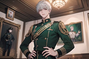 1 man, solo, ((white short hair)), green eyes, mature, ((thin, narrow shoulders, slim)),(((slim figure:1.5))), (((narrow shoulders:1.5))), handsome, angular jaw, thick neck, military, soldier, army, (military uniform:1.1), long sleeve, by Raphael, masterpiece, upper body shot, magnificent indoor hall
