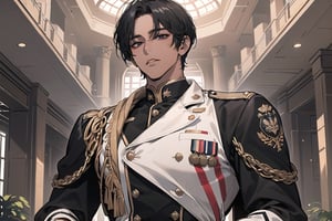 1 man, solo, ((black very short hair)), (((dark skin:1.5))), (((center-parting bangs:1.5))), black eyes, mature, ((thin:1.5)), (((slim figure:1.5))), (((narrow shoulders:1.5))), handsome, angular jaw, thick neck, military, soldier, army, (military suit:1.3), long sleeve, by Raphael, masterpiece, upper body shot, magnificent indoor hall