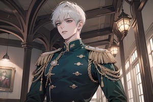 1 man, solo, ((white short hair)), green eyes, mature, ((thin, narrow shoulders, slim)),(((slim figure:1.5))), (((narrow shoulders:1.5))), handsome, angular jaw, thick neck, military, soldier, army, (military uniform:1.1), long sleeve, by Raphael, masterpiece, upper body shot, magnificent indoor hall
