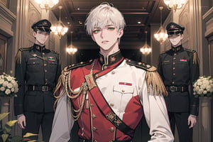 1 man, solo, ((white short hair)), green eyes, mature, ((thin:1.5)),(((slim figure:1.5))), (((narrow shoulders:1.5))), side-parting bangs, handsome, angular jaw, thick neck, military, soldier, army, (military uniform:1.3), long sleeve, by Raphael, masterpiece, upper body shot, magnificent indoor hall