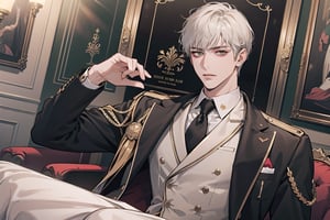 1 man, solo, ((white short hair)), green eyes, mature, ((thin:1.5)),(((slim figure:1.5))), (((narrow shoulders:1.5))), side-parting bangs, handsome, angular jaw, thick neck, military, soldier, army, (Three-piece Suit:1.3), long sleeve, by Raphael, masterpiece, upper body shot, magnificent indoor hall