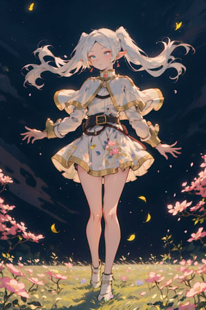 In a breathtakingly beautiful moonlit grassland scene, Florian the elf floats effortlessly in mid-air, surrounded by fluttering petals and flying butterflies. The soft lunar glow illuminates her refined and stunning visage, with long white hair flowing like silk around her, framing her pointed ears. Her slender shoulders are adorned with a flowing white capelet, complemented by a delicate dress and long sleeves. A glittering belt accentuates her slender waist, as parted bangs frame her porcelain complexion. The flower field beneath her is rendered in exquisite detail, with each petal and blade of grass meticulously crafted to create an 8K masterpiece.
full body view,frieren, 1girl, long hair, pointy ears, twintails, jewelry, earrings,poakl