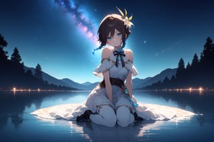 Here is the prompt:

A masterpiece of a photograph, captured with the finest quality (1.2). In the midst of a late night, under a magnificent starry night sky (1.4), a stunning wariza sits elegantly on the water's surface, her posture and movement exuding serenity. Her head tilts slightly, as if looking directly at the viewer, her full body visible against the breathtaking backdrop.

The lighting is soft and subtle, with a shallow depth of field (1.1) that draws attention to Lora Venti's captivating features. The camera angle is a classic cowboy shot - low and wide, emphasizing the subject's majesty. The focus is sharp on Lora, while the background, featuring a stunning nebula against a clear sky, blurs slightly.

Lora wears a breathtaking white dress with bare shoulders and off-shoulder details, adorned with a blue ribbon that adds a touch of whimsy to her overall elegance. Her expression is enigmatic, inviting the viewer to step into her world. Score: 9/10.