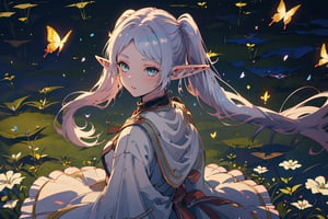 mind-boggling absurdity, {best quality}, {{masterpiece}, }, {highres}, original, extremely detailed 8K wallpapers, 1girl, {extremely refined and beautiful}, Movie angle, flying butterflies, petals fluttering in the wind, grassland, floating, starry sky, extremely detailed CG unified 8k wallpaper, flower field, night, moonlight, 1 female, Florian, elf, pointed ears, white hair, twin tails, She is floating in the air, overall view, whole body, ray tracing

(moonlight)
(1 girl,Florian,elf,Pointed ear,white hair,two-tailed)
((she floats in the air))
(overall view),(whole body),
