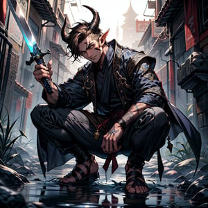 Fullbody DnD monk character splash art of a male tiefling. Chipped horns protruding to the front, scar on his right cheek, brown eyes with dark circles, soft face. Medium, lustrous dark hair, untied. His skin is light brown. He is wearing monk clothing. He is using a common short sword.