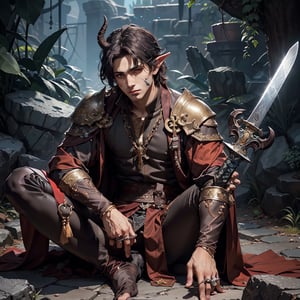 Fullbody DnD monk character splash art of a male tiefling. Chipped horns protruding to the front, scar on his right cheek, brown eyes with dark circles, soft face. Medium, lustrous dark hair, untied. His skin is light brown. He is wearing monk clothing. He is using a common short sword.