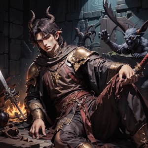 Fullbody DnD monk character splash art of a male tiefling. Chipped horns protruding to the front, scar on his right cheek, brown eyes with dark circles, soft face. Medium, lustrous dark hair, untied. His skin is light brown. He is wearing monk clothing. He is using a common short sword.