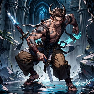Fullbody DnD monk character splash art of a male tiefling. Chipped horns protruding to the front, scar on his right cheek, brown eyes with dark circles, soft face. Medium, lustrous dark hair, untied. His skin is light brown. He is wearing monk clothing. He is using a common short sword.