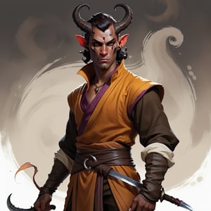 Fullbody DnD monk character splash art of a male tiefling. Black horns protruding to the front and just above his forehead. There is a scar on his right cheek and he has brown eyes with dark circles and a soft and slightly round face. He has medium and lustrous dark hair which is untied. His skin is colored light brown. He is wearing monk clothing and he is using a short sword for combat.,Tiefling, pointed ears, colored s,tail,xxmixgirl