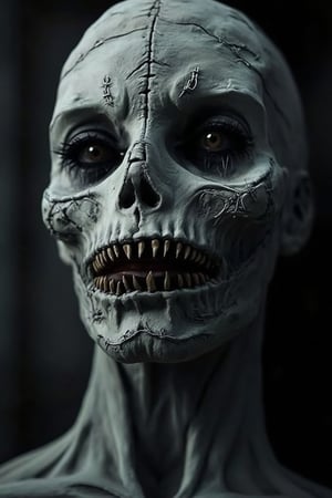 A close-up portrait of a semi-human, semi-skeleton figure with a crashed face, intricate stitching details visible on the skin, the subject's expression is eerie and unsettling, framed tightly on the face, set in a shadowy, industrial background, high contrast, sharp focus on the eyes and mouth, surreal and unnerving atmosphere.