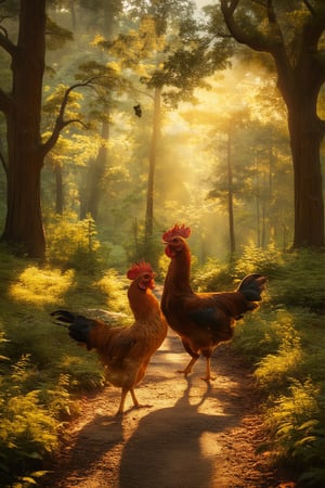 chicken and dinasour walking together